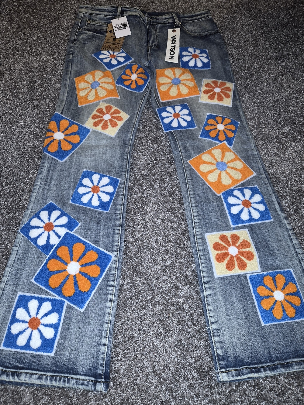 Watson Men’s Straight Jeans in Blue with Orange & White Floral Patches